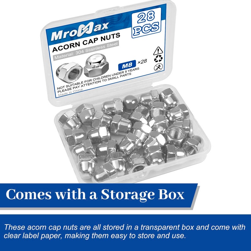 MroMax صواميل غطاء الجوز M8، 28 قطعة M8-1.25، من الفولاذ المقاوم للصدأ 304 (18-8) صمولة غطاء تاجية للبراغي، رأس قبة سداسي للاستخدام الداخلي والخارجي، تشطيب لامع - Image 5